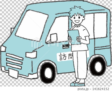 A male home care helper driving to a client's home (vehicle has the word "Visit" on it, 2 colors, vector). 141624152