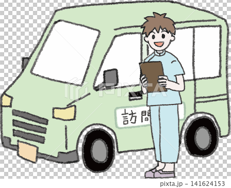 A male home care helper driving to a client's home (vehicle has the word "Visit" on it, full color, vector). A male home care helper driving to a client's home (vehicle has the word "Visit" on it, full color, vector). 141624153