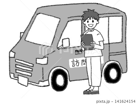 車で利用者の自宅へ向かう訪問介護ヘルパーの男性(車体に訪問の文字・モノクロ・JPG) 車で利用者の自宅へ向かう訪問介護ヘルパーの男性(車体に訪問の文字・モノクロ・JPG) 141624154