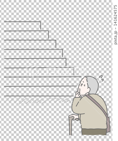 An elderly man with a cane looks up the stairs, looking confused. An elderly man with a cane looks up the stairs, looking confused. 141624575