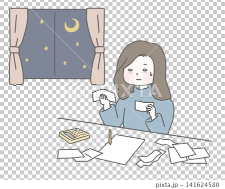 A woman stays up all night organizing receipts for her tax return. A woman stays up all night organizing receipts for her tax return. 141624580
