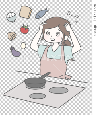 A housewife struggling to decide what to cook in the summer kitchen A housewife struggling to decide what to cook in the summer kitchen 141624726