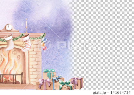 Rectangular frame with a fireplace, Christmas stockings, gifts. Isolated watercolor illustration for the design of cards, invitations, children's products, gifts, horoscopes, calendars. Rectangular frame with a fireplace, Christmas stockings, gifts. Isolated watercolor illustration for the design of cards, invitations, children's products, gifts, horoscopes, calendars. 141624734