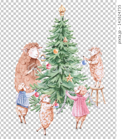 A cute family of sheep decorating a Christmas tree. Isolated watercolor illustration for designing cards, invitations, children's products, gifts, horoscopes, and calendars. A cute family of sheep decorating a Christmas tree. Isolated watercolor illustration for designing cards, invitations, children's products, gifts, horoscopes, and calendars. 141624735