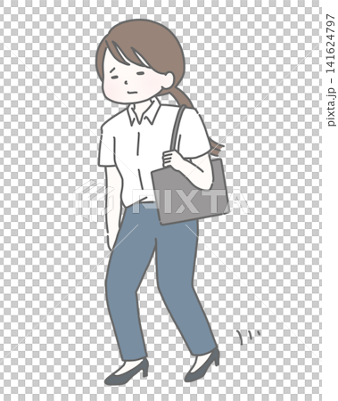 A woman in a short-sleeved shirt walks with tired, heavy steps. A woman in a short-sleeved shirt walks with tired, heavy steps. 141624797