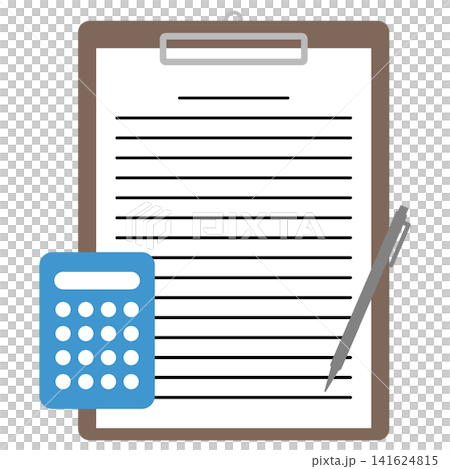 Documents on a clipboard, calculator, ballpoint pen, paperwork, accounting, and estimates. Documents on a clipboard, calculator, ballpoint pen, paperwork, accounting, and estimates. 141624815