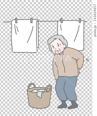 An elderly woman suffers back pain from hanging up laundry. An elderly woman suffers back pain from hanging up laundry. 141624857