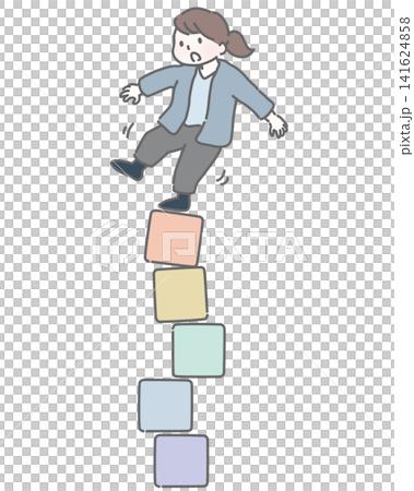 A woman is about to fall as the blocks beneath her feet begin to crumble. A woman is about to fall as the blocks beneath her feet begin to crumble. 141624858