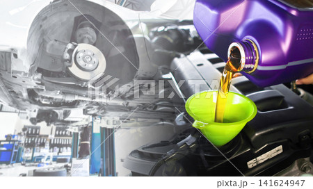 Pouring fresh motor oil into car engine with brake system maintenance background Pouring fresh motor oil into car engine with brake system maintenance background 141624947