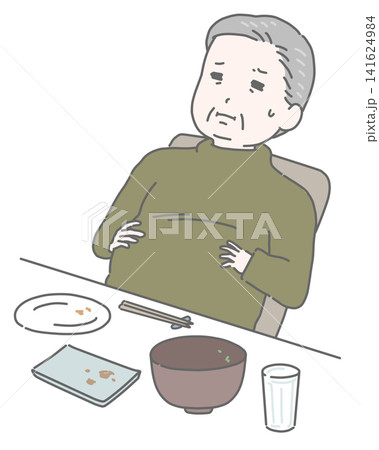 食べ過ぎてお腹が苦しい高齢男性 食べ過ぎてお腹が苦しい高齢男性 141624984