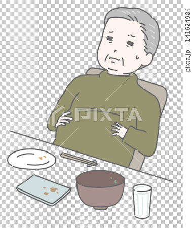 食べ過ぎてお腹が苦しい高齢男性 食べ過ぎてお腹が苦しい高齢男性 141624984