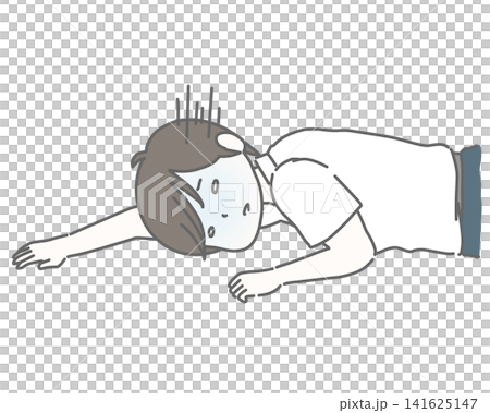 A tired man in a short-sleeved shirt collapses onto the floor. 141625147