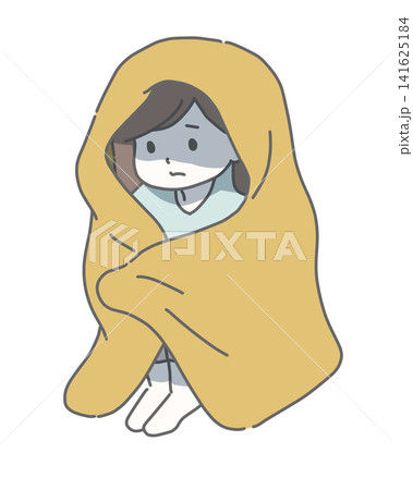 毛布にくるまって体育座りで落ち込む女性  141625184