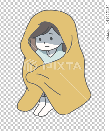 毛布にくるまって体育座りで落ち込む女性  141625184