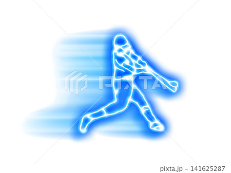 ネオンラインで描かれた野球選手のスイングと躍動感のある光の抽象的な背景 141625287