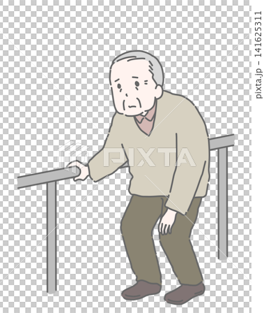 An elderly man holding onto a handrail 141625311