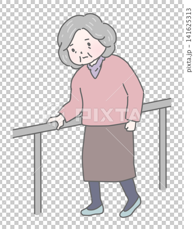 一位老婦人扶著扶手行走 一位老婦人扶著扶手行走 141625313