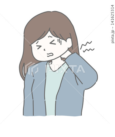 首の痛みで顔をしかめる女性 首の痛みで顔をしかめる女性 141625314