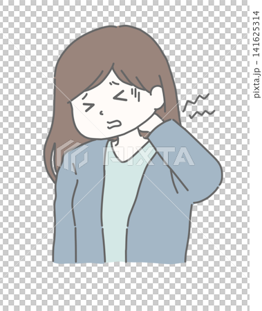 首の痛みで顔をしかめる女性 首の痛みで顔をしかめる女性 141625314