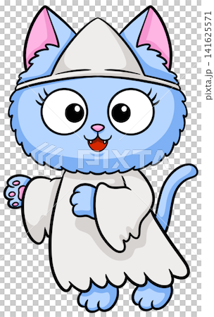 Cute light blue cartoon ghost cat in sheet costume waving friendly paw Cute light blue cartoon ghost cat in sheet costume waving friendly paw 141625571