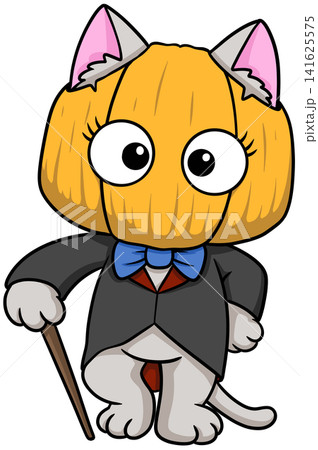Cute cartoon cat in gentleman pumpkin head costume holding a walking cane Cute cartoon cat in gentleman pumpkin head costume holding a walking cane 141625575
