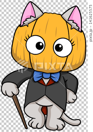 Cute cartoon cat in gentleman pumpkin head costume holding a walking cane Cute cartoon cat in gentleman pumpkin head costume holding a walking cane 141625575