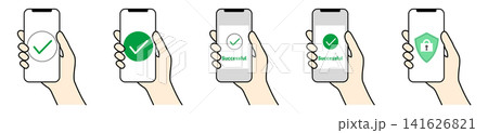 スマホで決済承認やセキュリティ保護を完了する手元のイラストセット スマホで決済承認やセキュリティ保護を完了する手元のイラストセット 141626821