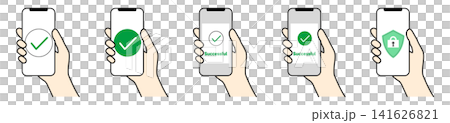 スマホで決済承認やセキュリティ保護を完了する手元のイラストセット スマホで決済承認やセキュリティ保護を完了する手元のイラストセット 141626821