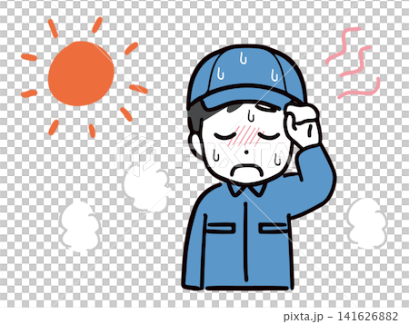 A young male worker, drenched in sweat, is struggling with the heat outside. A young male worker, drenched in sweat, is struggling with the heat outside. 141626882