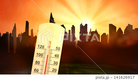 Extreme Heat Wave Over City Skyline with Thermometer and Blazing Sun Extreme Heat Wave Over City Skyline with Thermometer and Blazing Sun 141626917