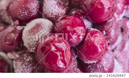 Frozen Cherries Covered with Frost Crystals Macro Close Up Background Frozen Cherries Covered with Frost Crystals Macro Close Up Background 141626947