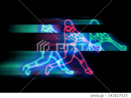 ネオンラインで描かれた野球選手のスイングと躍動感のある光の抽象的な背景 ネオンラインで描かれた野球選手のスイングと躍動感のある光の抽象的な背景 141627525