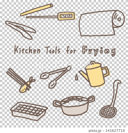 An illustration of a kitchen tool set needed for deep frying. An illustration of a kitchen tool set needed for deep frying. 141627718