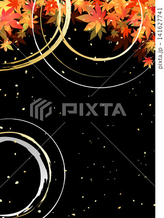 鮮やかなグラデーションの紅葉と漆黒の背景に映る水紋のような和風背景イラスト 鮮やかなグラデーションの紅葉と漆黒の背景に映る水紋のような和風背景イラスト 141627741