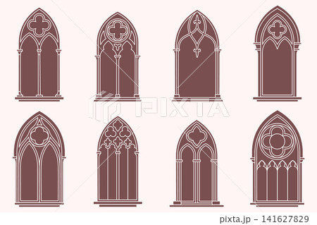 Gothic church window. Arched cathedral vector frame with stained glass. Catholic medieval architecture. Vintage silhouettes of vintage borders isolated on white background Gothic church window. Arched cathedral vector frame with stained glass. Catholic medieval architecture. Vintage silhouettes of vintage borders isolated on white background 141627829