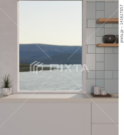 Minimal Kitchen Window with Lake View and White Cabinets Minimal Kitchen Window with Lake View and White Cabinets 141627857