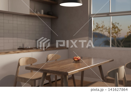 Modern Scandinavian kitchen dining room interior with wooden table and natural sunlight 3D illustration 141627864