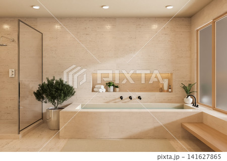 Luxury travertine bathroom interior with bathtub and walk in shower 3D illustration 141627865