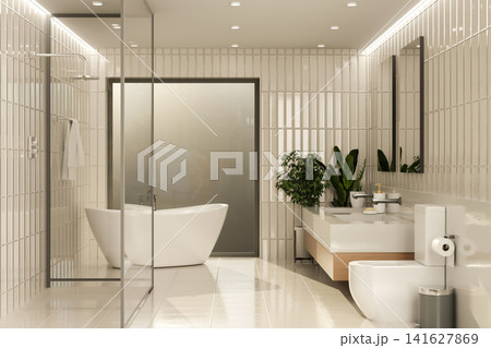 Contemporary bathroom with freestanding bathtub and vertical tile wall Contemporary bathroom with freestanding bathtub and vertical tile wall 141627869