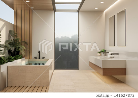 Minimal stone bathtub with panoramic window in modern bathroom Minimal stone bathtub with panoramic window in modern bathroom 141627872
