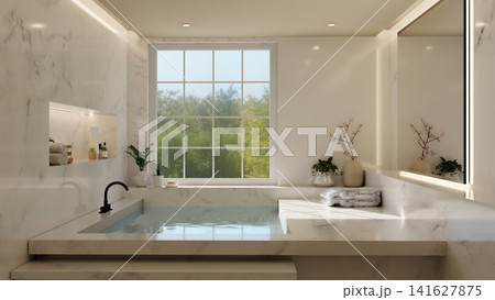 Luxury marble bathroom with soaking bathtub and large window Luxury marble bathroom with soaking bathtub and large window 141627875