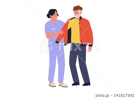 Illustration of Caregiver Helping Senior Man Putting On Jacket 141627892