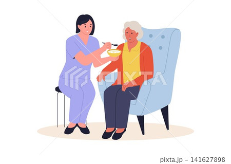 Illustration of Nurse Feeding Soup to Senior Woman on Chair Illustration of Nurse Feeding Soup to Senior Woman on Chair 141627898