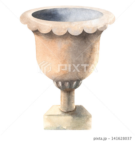 Watercolor Victorian garden urn isolated on white background. Hand painted classical planter for English garden compositions, cottagecore illustrations, patterns and stationery Watercolor Victorian garden urn isolated on white background. Hand painted classical planter for English garden compositions, cottagecore illustrations, patterns and stationery 141628037