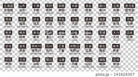 A set of hand-drawn decorative labels for all 47 prefectures of Japan, featuring vector graphics of Japanese characters and English letters. A set of hand-drawn decorative labels for all 47 prefectures of Japan, featuring vector graphics of Japanese characters and English letters. 141628307