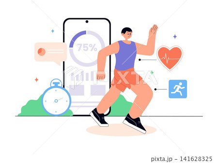 Virtual Fitness App Promotion Illustration Featuring Workout Tracking, Exercise Monitoring, Heart Rate Analytics, Healthy Lifestyle and Wellness Goals Virtual Fitness App Promotion Illustration Featuring Workout Tracking, Exercise Monitoring, Heart Rate Analytics, Healthy Lifestyle and Wellness Goals 141628325