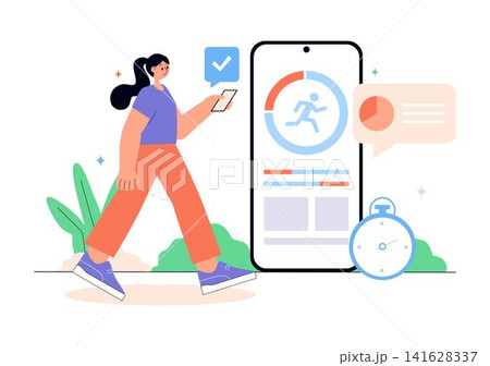 Virtual Fitness App Promotion Illustration Featuring Workout Tracking, Exercise Monitoring, Heart Rate Analytics, Healthy Lifestyle and Wellness Goals Virtual Fitness App Promotion Illustration Featuring Workout Tracking, Exercise Monitoring, Heart Rate Analytics, Healthy Lifestyle and Wellness Goals 141628337
