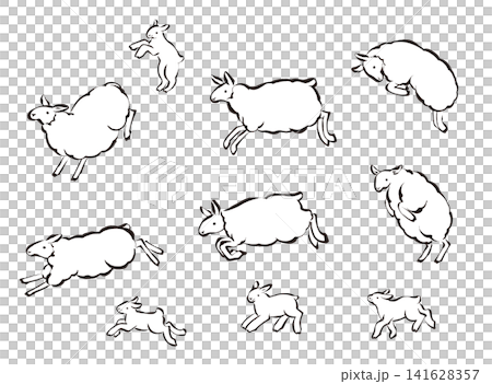 Year of the Sheep, New Year's greeting card material, vector illustration set of a sheep family in ink and brushstroke style_Jump Year of the Sheep, New Year's greeting card material, vector illustration set of a sheep family in ink and brushstroke style_Jump 141628357