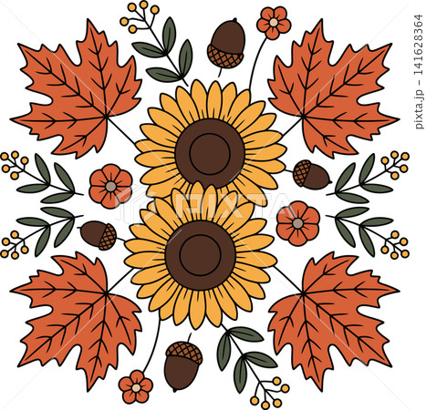 Autumn Sunflower and Maple Leaf Floral Arrangement Fall Season Illustration 141628364