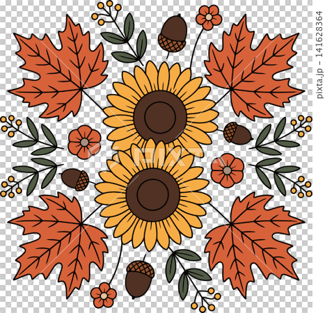 Autumn Sunflower and Maple Leaf Floral Arrangement Fall Season Illustration 141628364